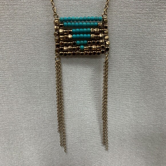 Bay to Baubles Pendant Necklace Indiana Beaded Turquoise Gold-Tone Square NIB - Picture 2 of 6
